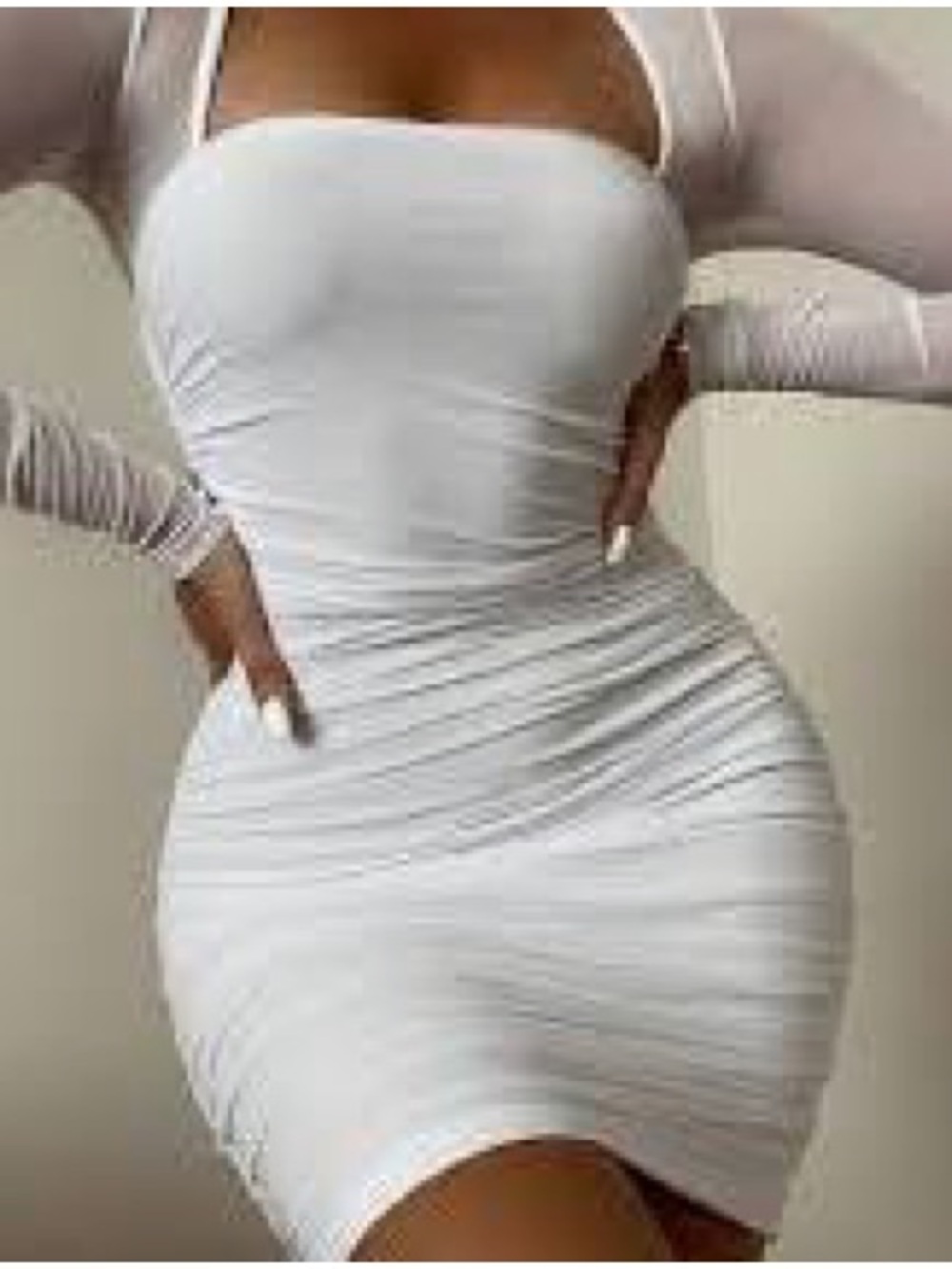 White Ruched Bodycon Mini Dress with Sheer Sleeves